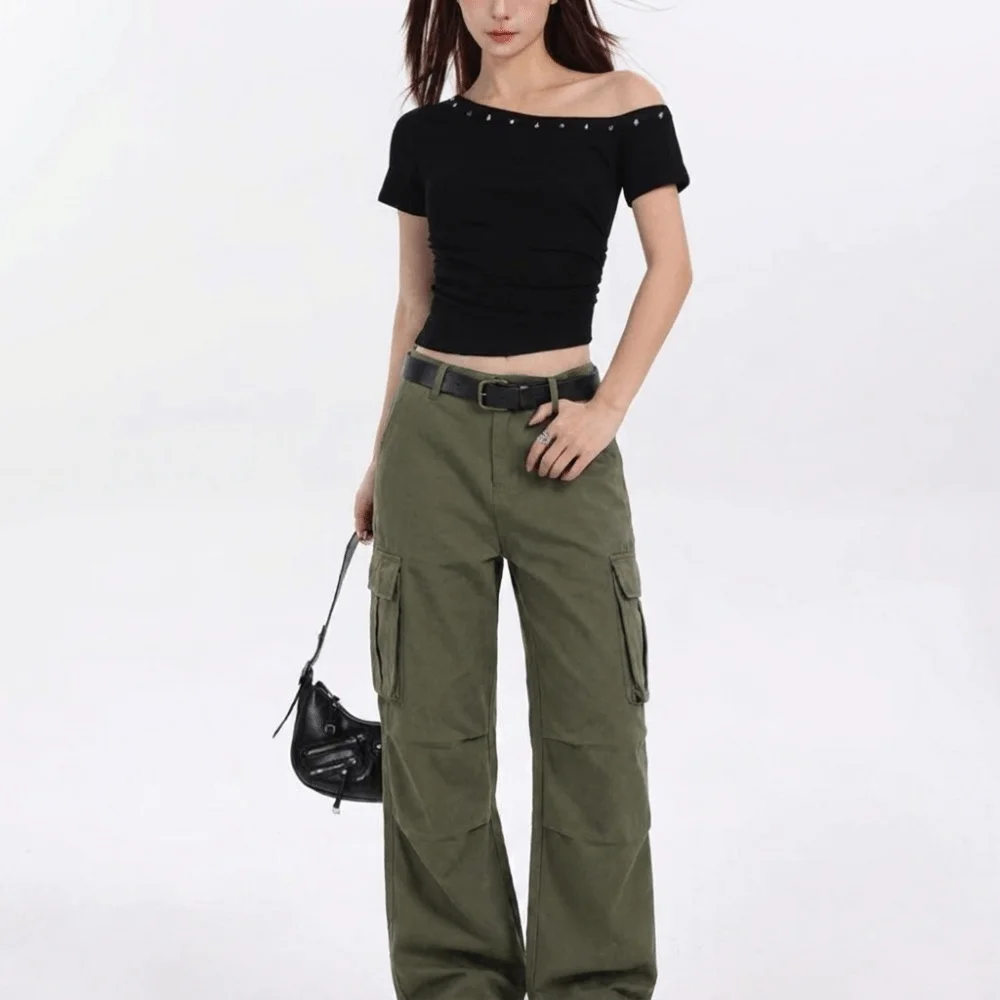 Studded Off Shoulder Top Stretchy Lightweight Asymmetric Neck T-Shirt Cropped Soft Women’s Short Sleeve Top Summer Casual Wear