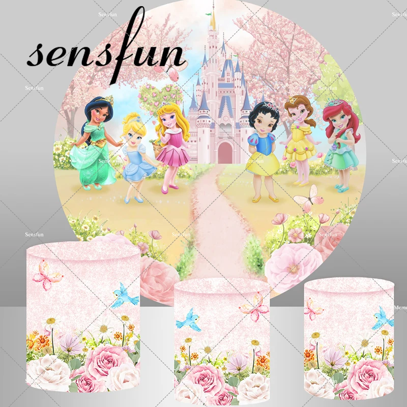 

Castle Baby Princess Cinderella Ariel Snow White Round Backdrop Pink Flowers Butterfly Plinth Covers Circle Background Elastic