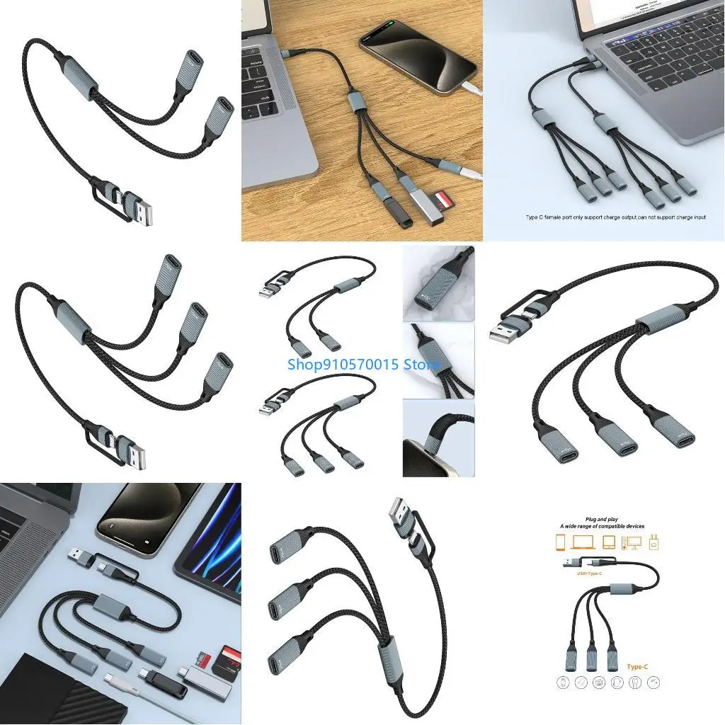 B95C USB / Type C Male to 2/3 Port USB C Female Adapter, Quick Charging and Data Cable for Laptops And Consoles