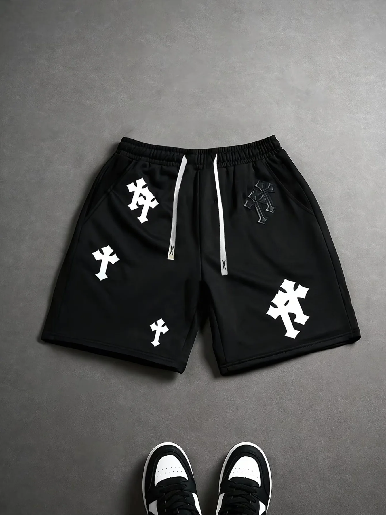 Men's Casual Sports Shorts with Cross Print and Letter Design, Drawstring Waistband and Pockets, Summer Street Fashion