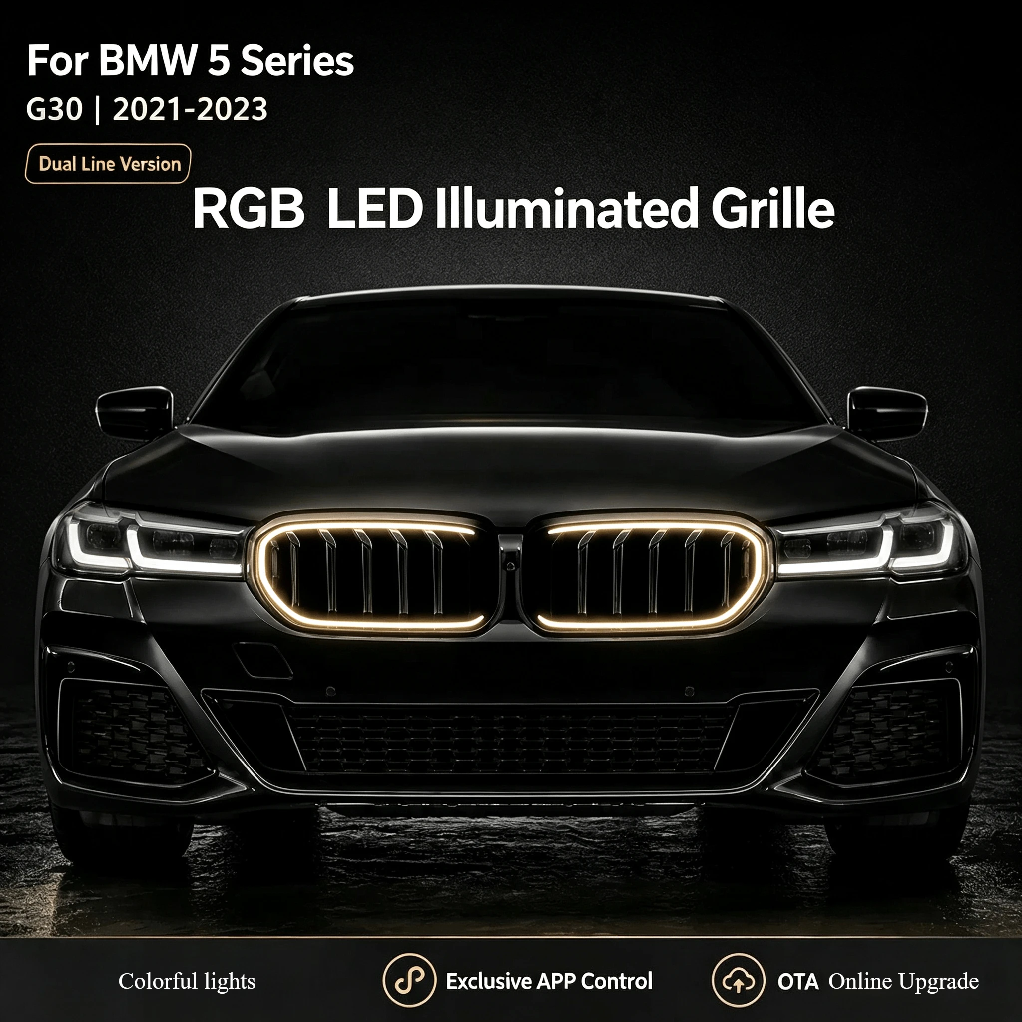 RGB Dream Color LED Illuminated Kidney Grille for BMW 5 Series G30 2021 2022 2023 Dual Line APP Control Custom Dynamic Lighting