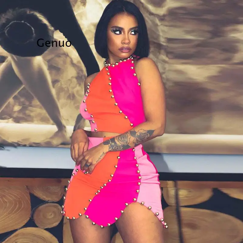 

Sexy Striped Patchwork 2 Piece Skirt Set Club Birthday Outfits for Women Rivet Sleeveless Crop Top and Mini Skirts Matching Sets