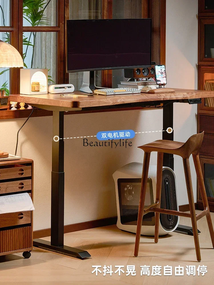13Black walnut solid wood electric lifting desk learning office workbench automatic smart computer desk