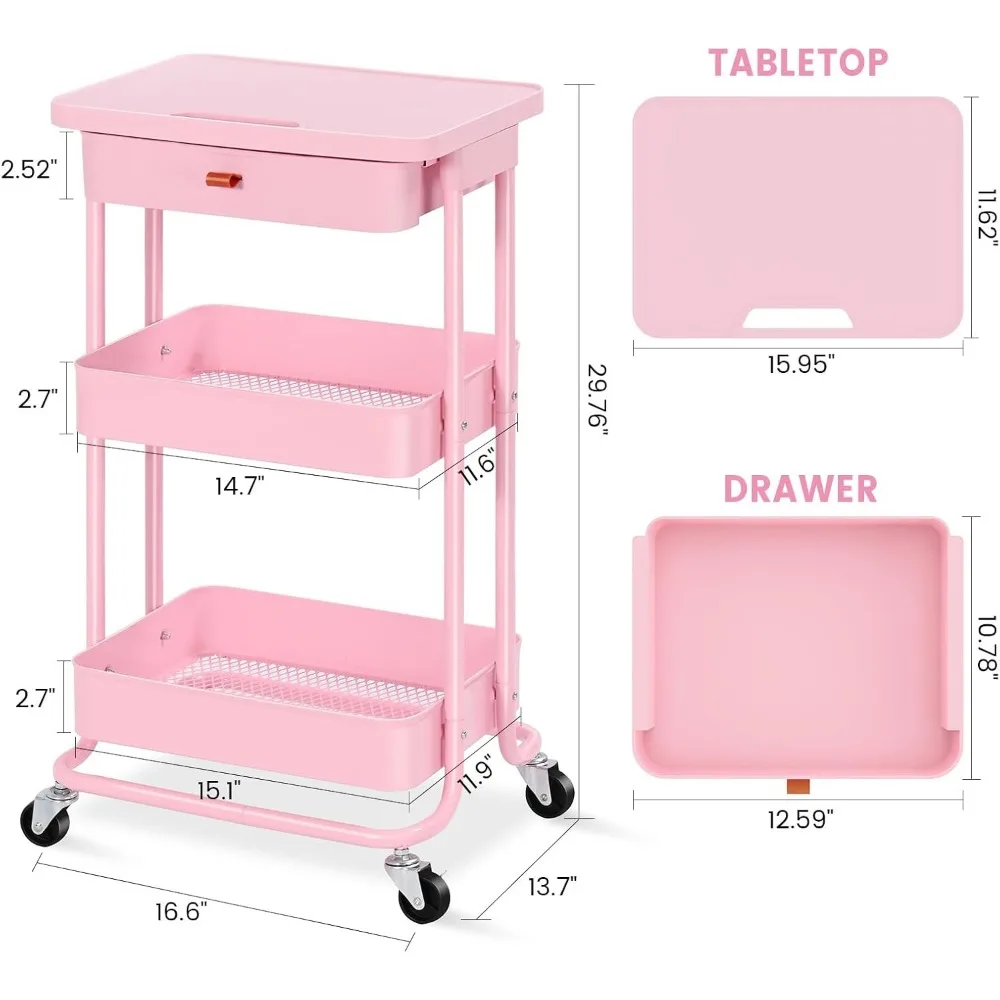 Carrinho de armazenamento de rolamento com gaveta e tampo de mesa, carrinho de utilidades de metal de 3 camadas, carrinho de utilidades organizador de carrinho de rolamento para cozinha