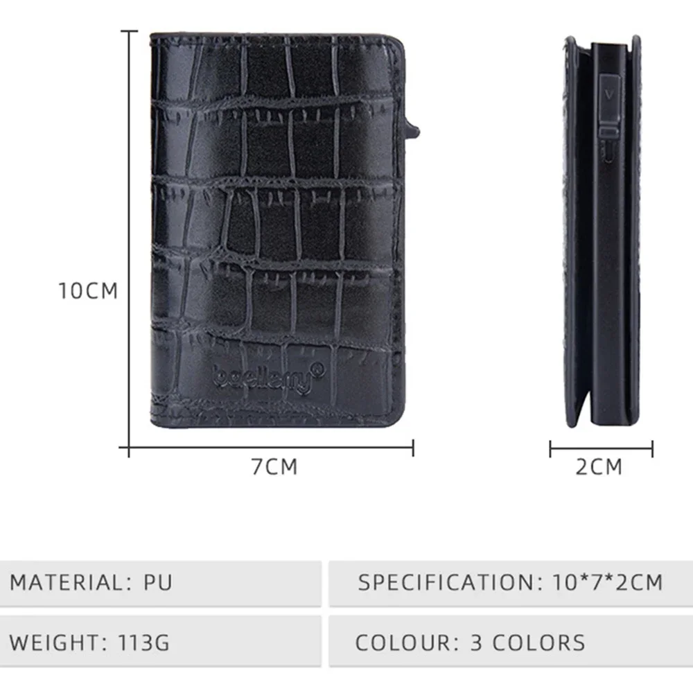 กระเป๋าสตางค์ผู้ชายกระเป๋าใส่บัตรเครดิตรหัสมินิ RFID กระเป๋าสตางค์บัตรธนบัตรป๊อปอัพอัตโนมัติเคสหนังจระเข้สีดำพิมพ์ลาย2023หนัง PU วินเทจ