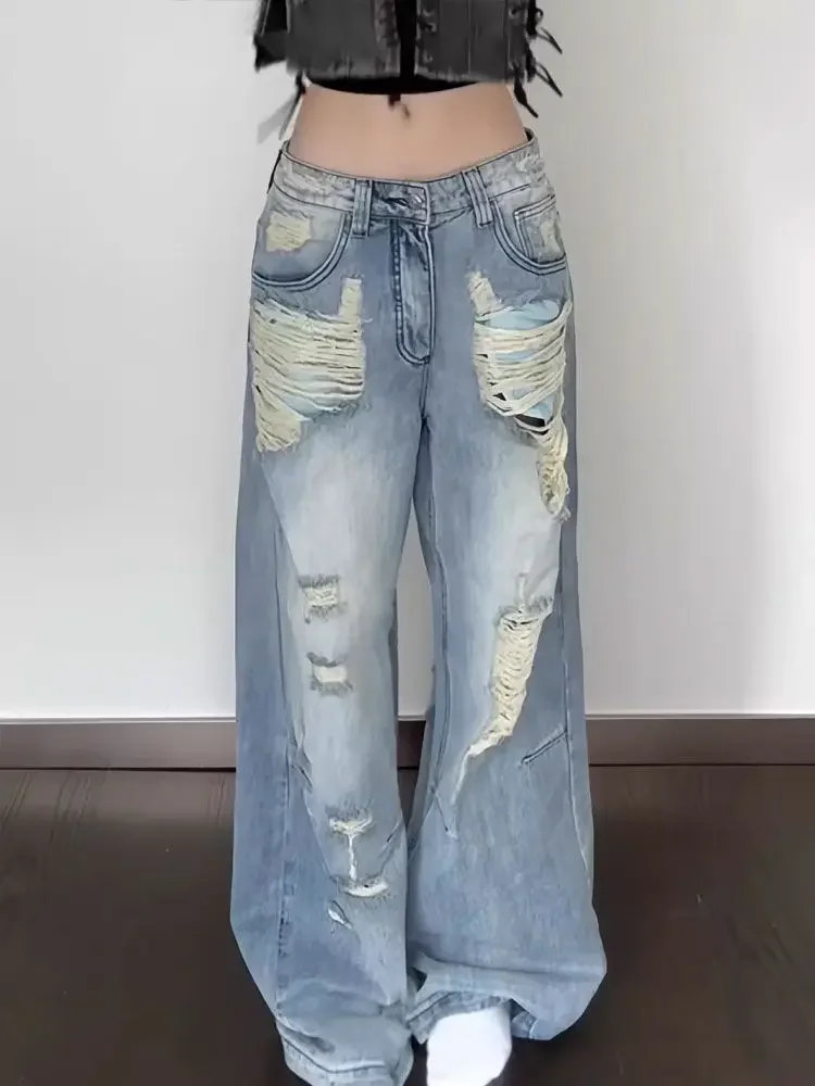 

Streetwear Vintage Blue Baggy Ripped Jeans Women Harajuku Japanese 2000s Denim Trousers Y2k Cargo Pants Trashy Pantalones
