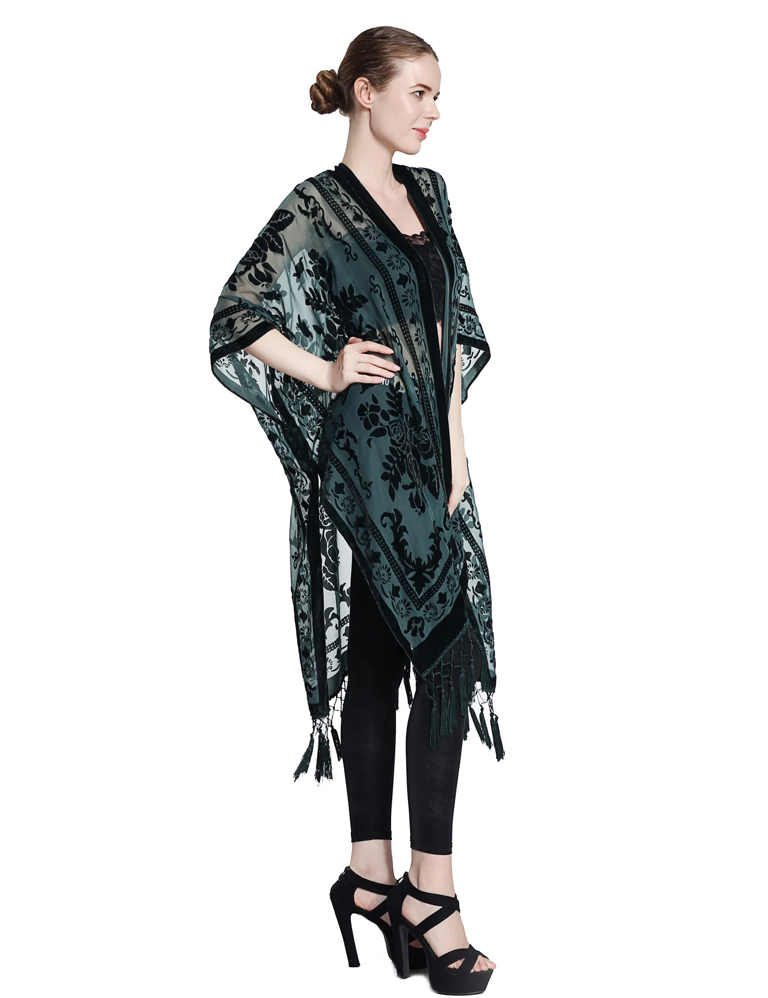 WeHello Bohemian Plush Kimono for Woman Long Cardigan With tassel Beach Cover-up Luxury Cardigan Shawl Tassel Chiffon Shirt