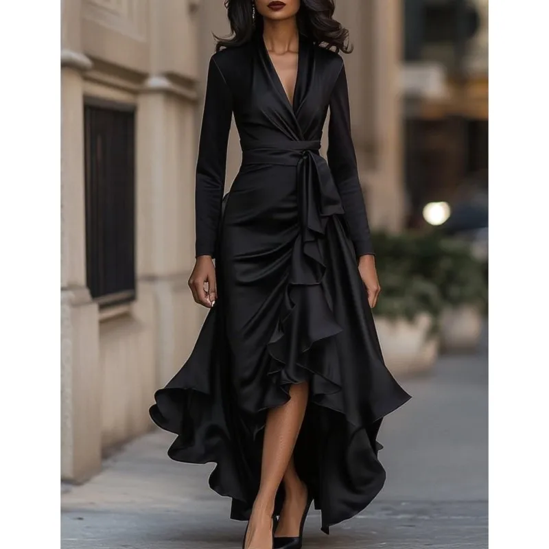 Elegante mode dames satijnen jurk diepe v-hals ruches effen kleur onregelmatige zoom vetersluiting hoge taille avondfeest bruiloftsgasten