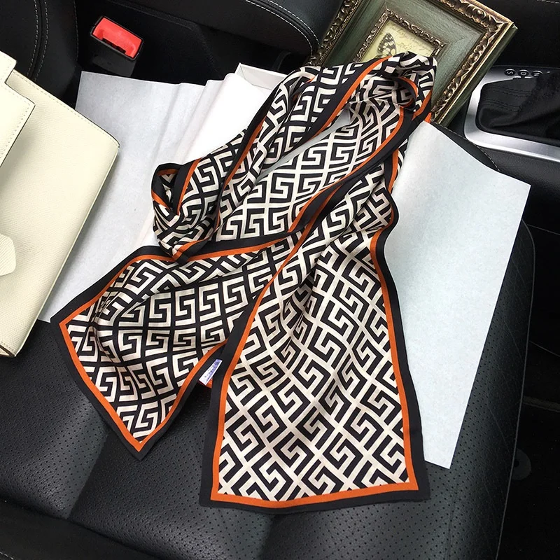 Double Layer 100% Silk Ring Scarf Wraps Luxury Horse Print Narrow Long Neckerchief Necktie Ladies Head Hair Scarves 150*16cm