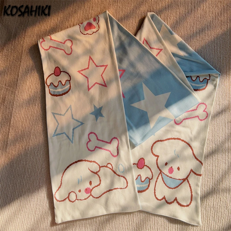 Japanese Fashion Cartoon Streetwear Scarves Y2k Aesthetic Girl Printing Scarf Harajuku Two-sided Warmth All Match Neckerchief