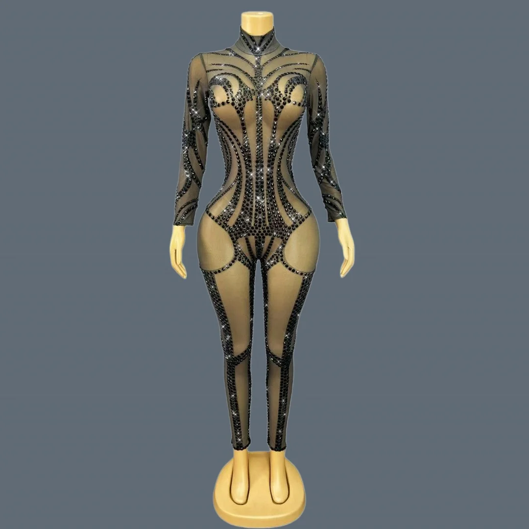 Women Sexy Long Sleeve Sparkly Black Crystal Mesh Jumpsuit Night Club Party Dancer Performance Costume Stage Outfit Heibianfu