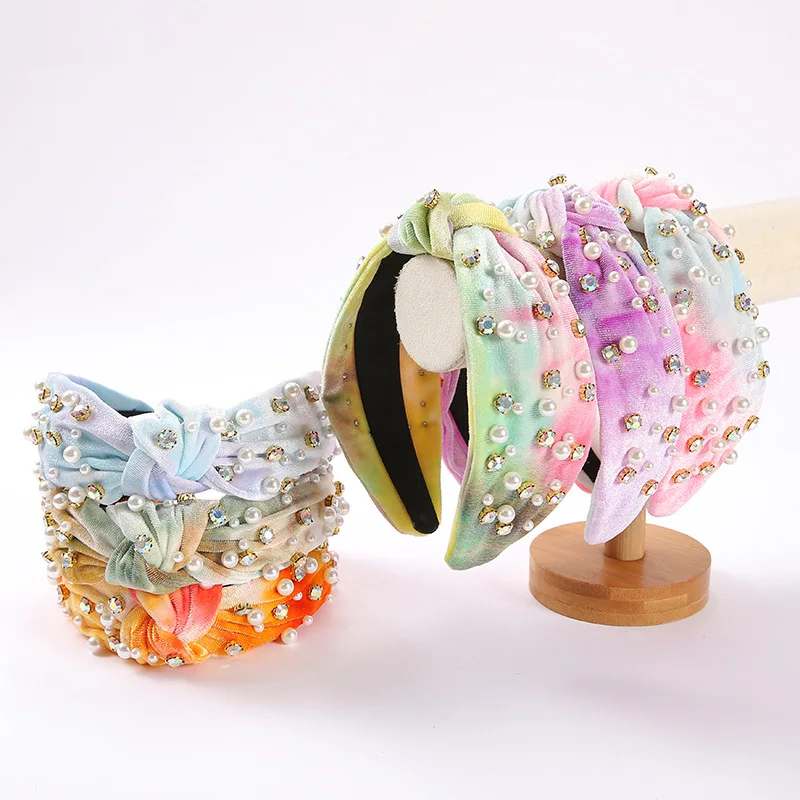 

Повязка на голову ярких цветов с принтом тай-дай, обруч для волос со стразами и жемчугом для женщин и девочек, милые универсальные аксессуары для волос