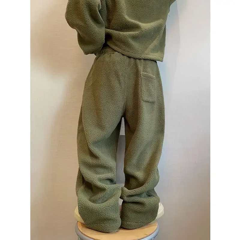 Large Size Men's Winter Warm Brushed Thick Military Green Pellet Fleece Straight Thick Sweatpants Casual Pants