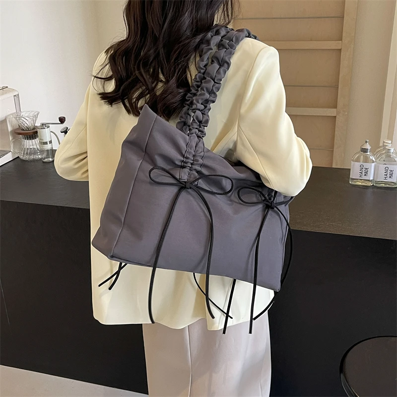 Large Capacity Fabric Tote Bag for Women Pastel Colors Ruched Handle Double Bow Decor Handheld Shoulder Casual Shopping Handbag