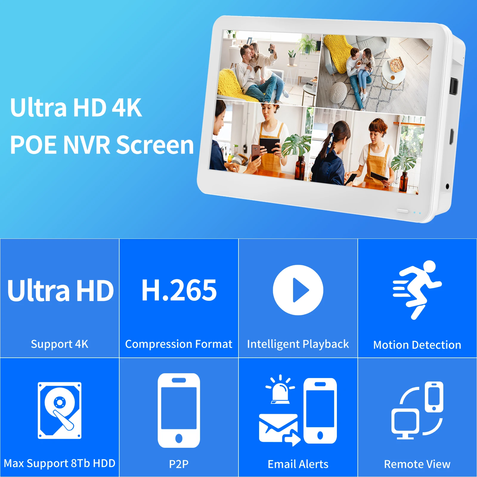 Gadinan-Ultra HD Screen POE NVR Video Recorder, Onvif, Sistema CCTV, Vigilância de Rede, XMEYE, 4K, 8MP, 12 ", 48V, Face Detection