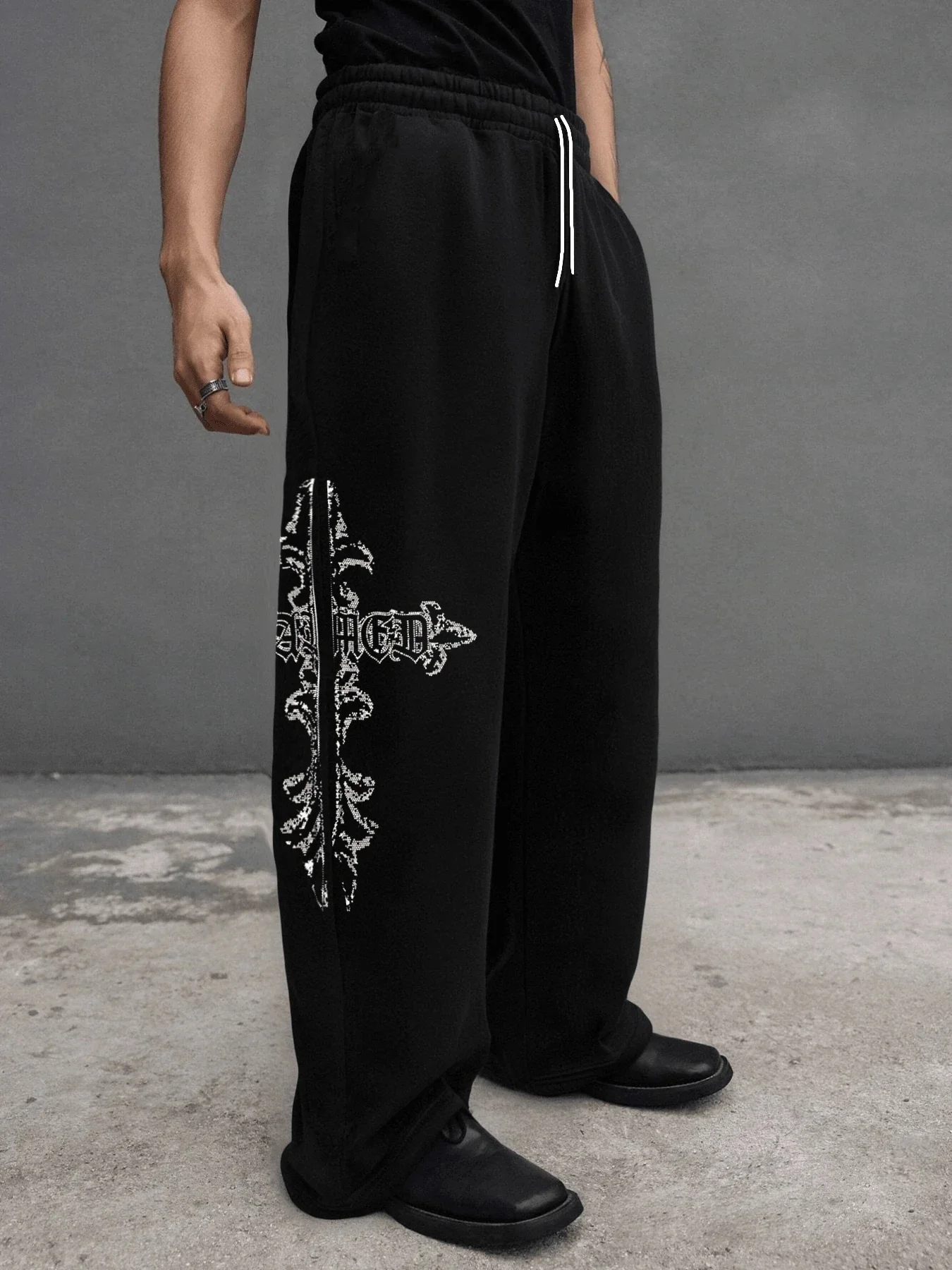 Men Vintage Gothic Cross Pattern 3D Print Quick Dry Wide Leg Pants Elastic Drawstring Loose Trousers Y2K Punk Streetwear Bottoms