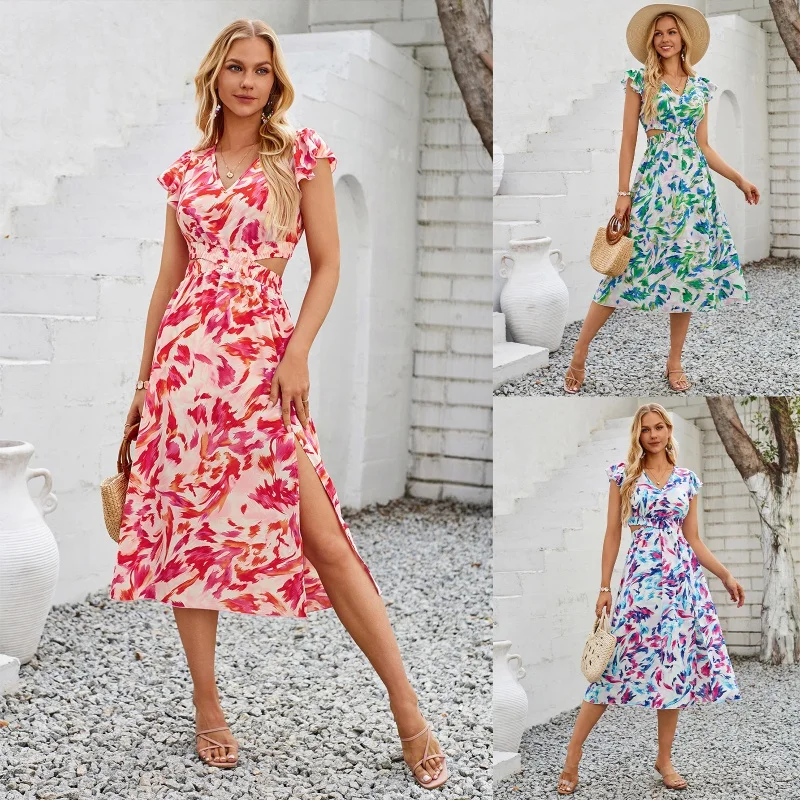 SHAN-Independent Station Hollow Dress for Women, Casual Summer Clothes, Fashionable Printing, Flying Sleeve, Flying Sleeve, New