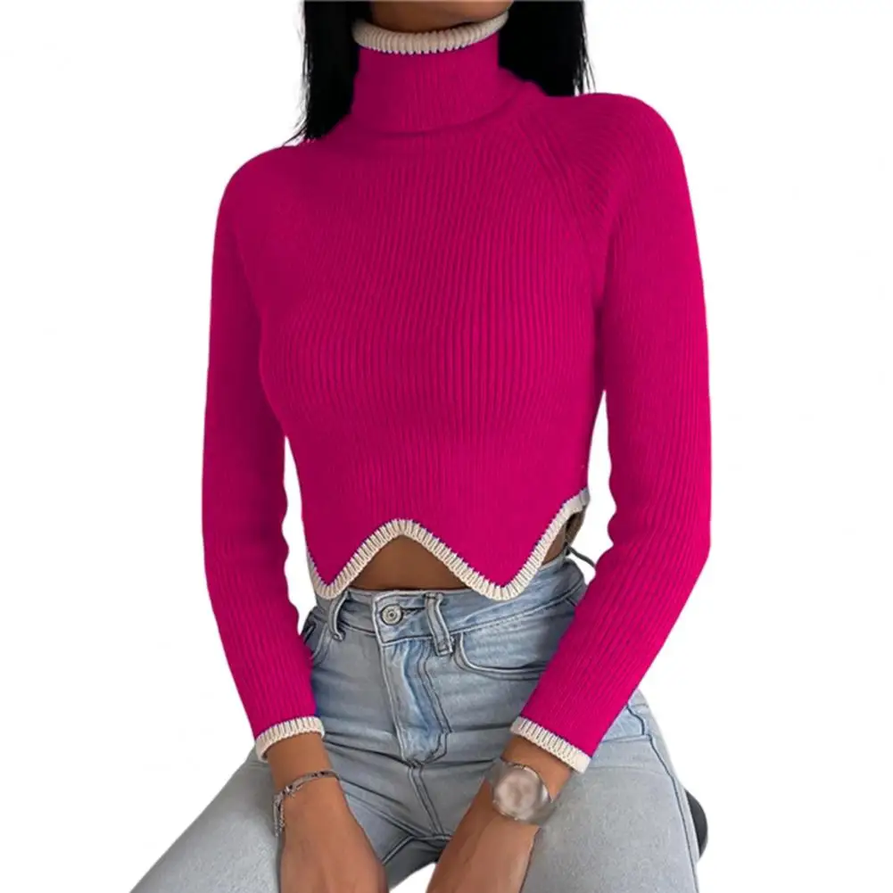 

Women Sweater Long Sleeves Wave Hem Ribbed Cropped Sweater Winter Slim Turtleneck Pullover