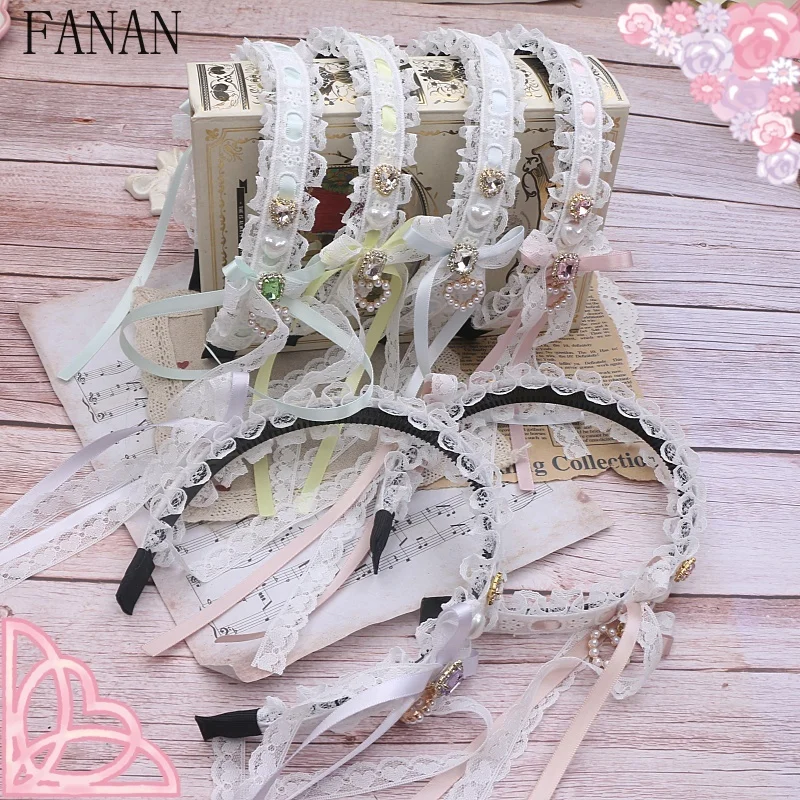 

Japanese Headband Sweet and Cute Lolita Style Original Lace Edge String with Butterfly Bow Tassel Rhinestone Hair Accessory