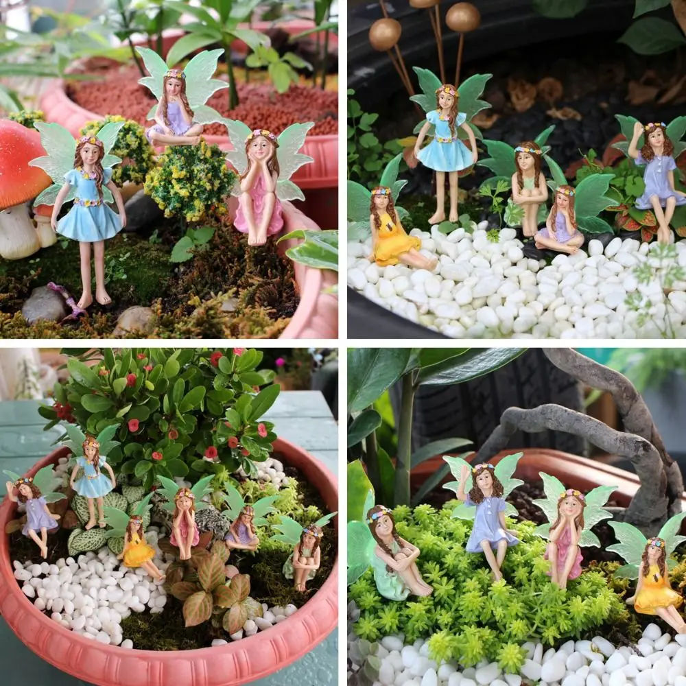 6PCS Multicolor Miniature Fairy Figurine Glow in The Dark Resin Fairy Bonsai Ornament Beautiful Wings Fairy Garden
