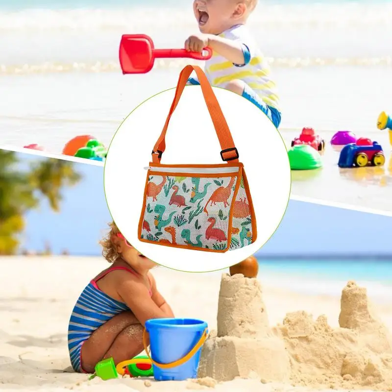 Bolsa de praia infantil Mesh, organizador de brinquedos, net, zíper, ajustável, alça de ombro, bolsa de armazenamento, coleção Shell, verão