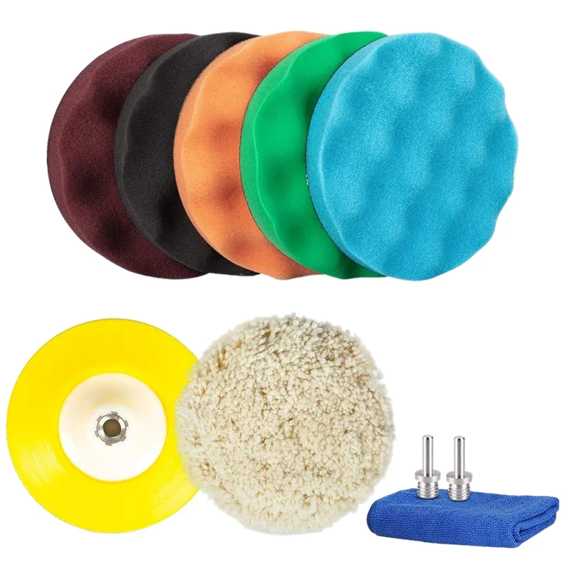 

10PCS 6 Inch Car Polishing Pads Kit (5 Foam & 1Wool Grip Pads&1Polisher Grip Backing Plate& M14 Drill Adapter)