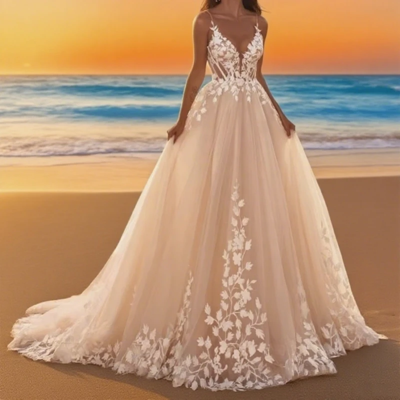 

V-Neck Wedding Dresses Spaghetti Straps Appliques Corset Tulle Bridal Gowns Lace Floor Lenghth vestidos Customized