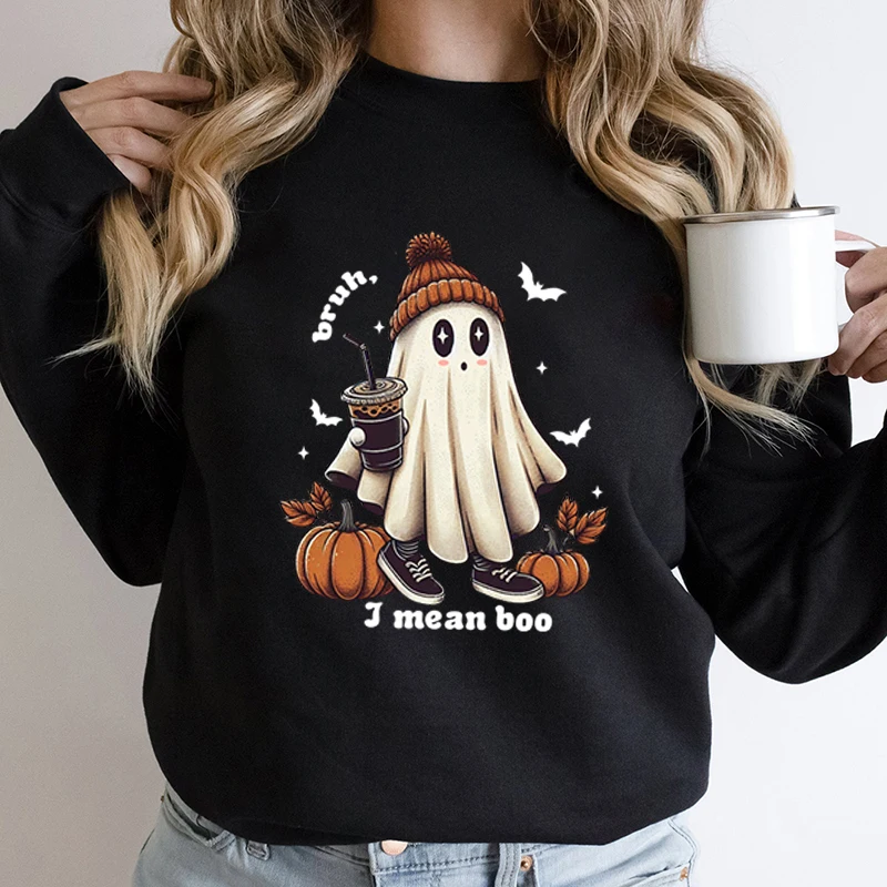 

Halloween Ghost Bruh I Mean Boo Print Women Pullover Autumn And Winter Fashion Long Sleeve Sweatshirt Ladies Hoodless Sweatshirt