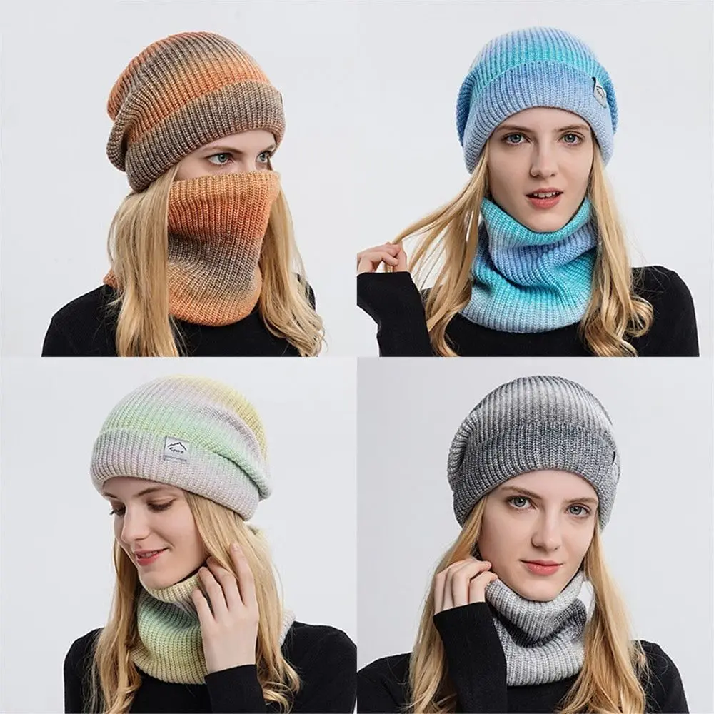 New Warm Fleece Wool Hat Knitted Gradient Winter Hat Thickened Ear Protection Cap Scarf Set Outdoor