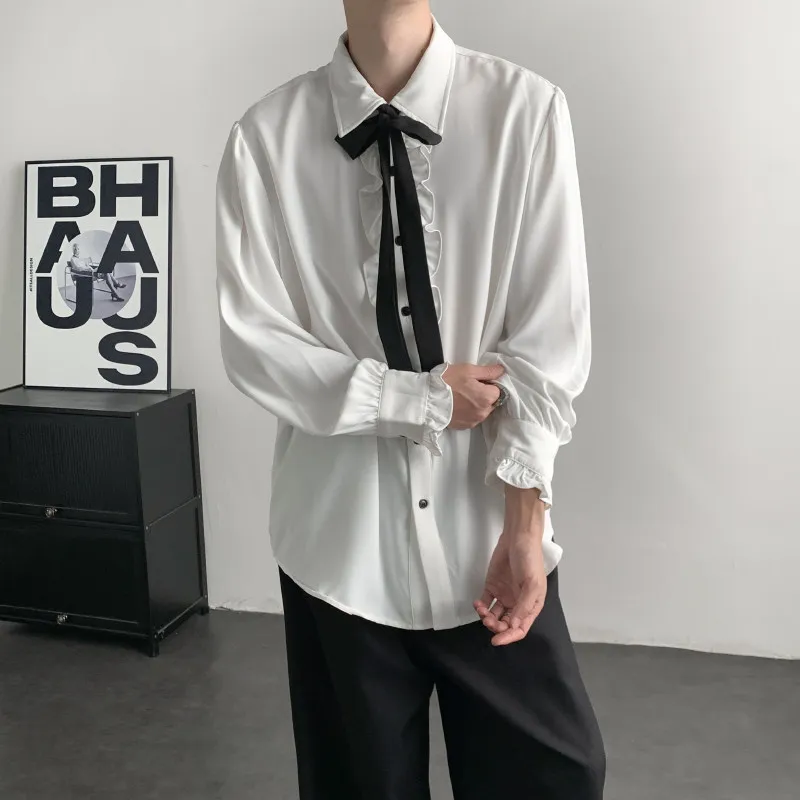 

White DK Tie Shirt Men's Women's Loose Fit Long Sleeve Traditional Chinese Style Fashionable Youth Inner Wear Casual Shirt