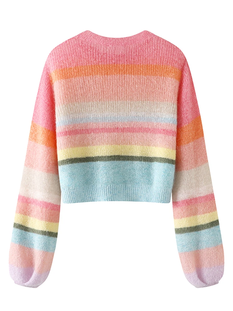 Zoki Women Sweet Rainbow Striped Sweaters Korean Loose Casual Knitted Jumpers Fall Long Sleeve Female O Neck Elegant Jumpers New