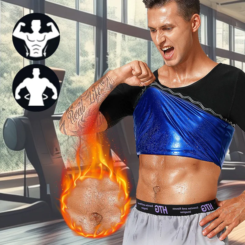 メンズ半袖サウナ汗スーツ、男性用減量スリミングシェイパーウエストトレーナートップス、脇の下通気性汗シャツ付き