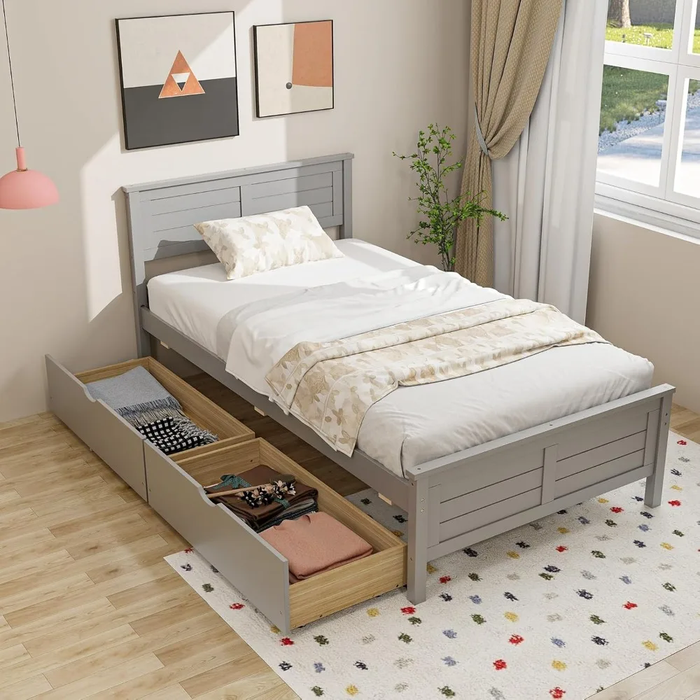 

Children's bed with 2 storage drawers, headboard, wooden support base, no need for springs, gray, children's bed