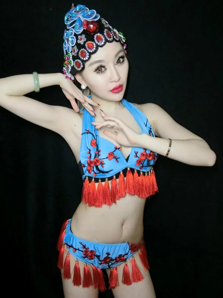 New Nightclub Women's DJ Singer Bikini Performance Costume Plum Blossom Tassel Opera Knife  Flower Dan Party Stage Outfit