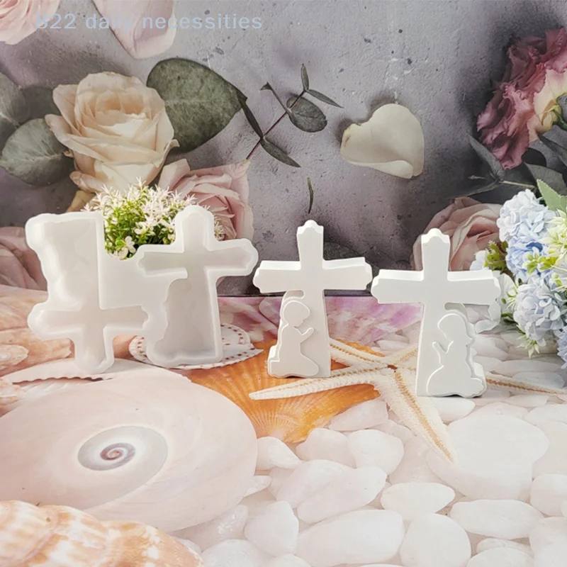 Cross Little Boy And Girl Prayer Candle Plug Silicone Mold DIY Gypsum Candlestick Base Decorative Ornament Resin Mold Handicraft