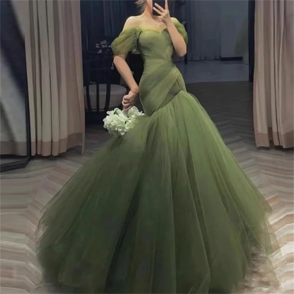 

Tulle Mermaid New Olive Green Dress Long Prom Dresses Off the Shoulder Short Sleeves Pleats Fitted Stylish Evening Gowns