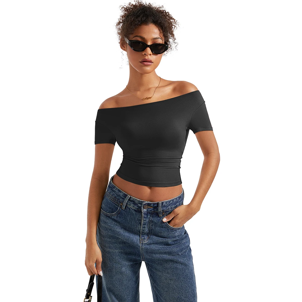 Tops de manga corta con hombros descubiertos para mujer, ropa de calle a la moda, jersey con cuello vuelto, camiseta básica para salir de verano para mujer
