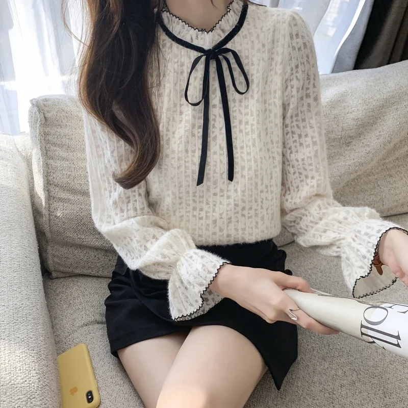 New Long Sleeve Ruffled Women Blouse Lace-up Lace Blouse Shirt Women Tops Blouses Shirts Blusas Para Mujer Camisas Blusas M779