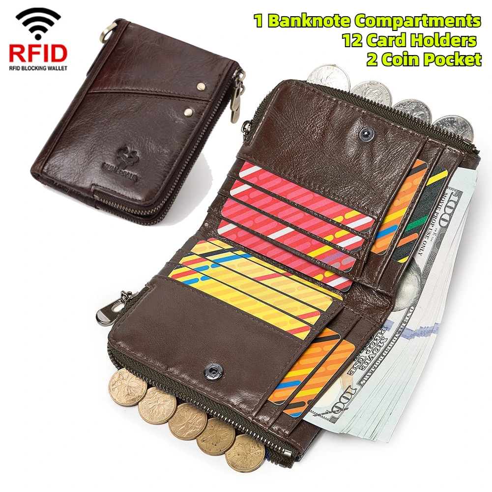 

RFID-держатель для карт, кошелек для мужчин и женщин, маленькая сумка для денег из натуральной кожи, роскошный двойной карман для монет на молнии, качественный мужской кошелек-клатч