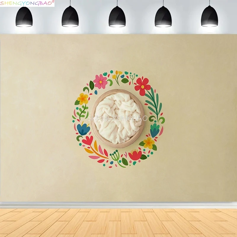 

Newborn Backdrop For Photography Wooden Basket Soft Stuffing Floral Wreath Background Photo Studios Prop YM-01