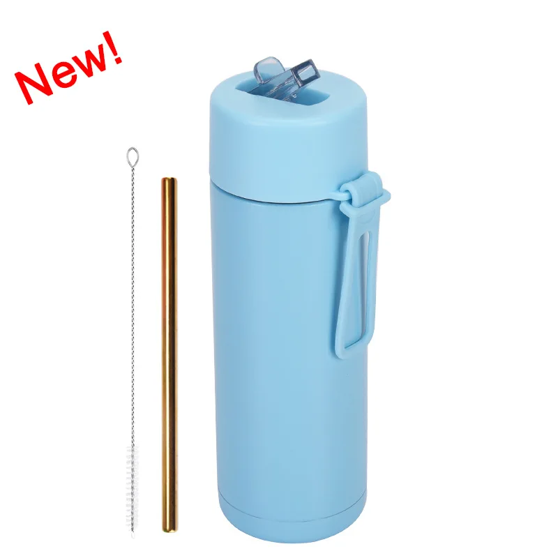 New 650ml Sports Kettle Portable Silicone Handle Straw Water Cup American Large Mouth Stainless Steel Thermos Cup