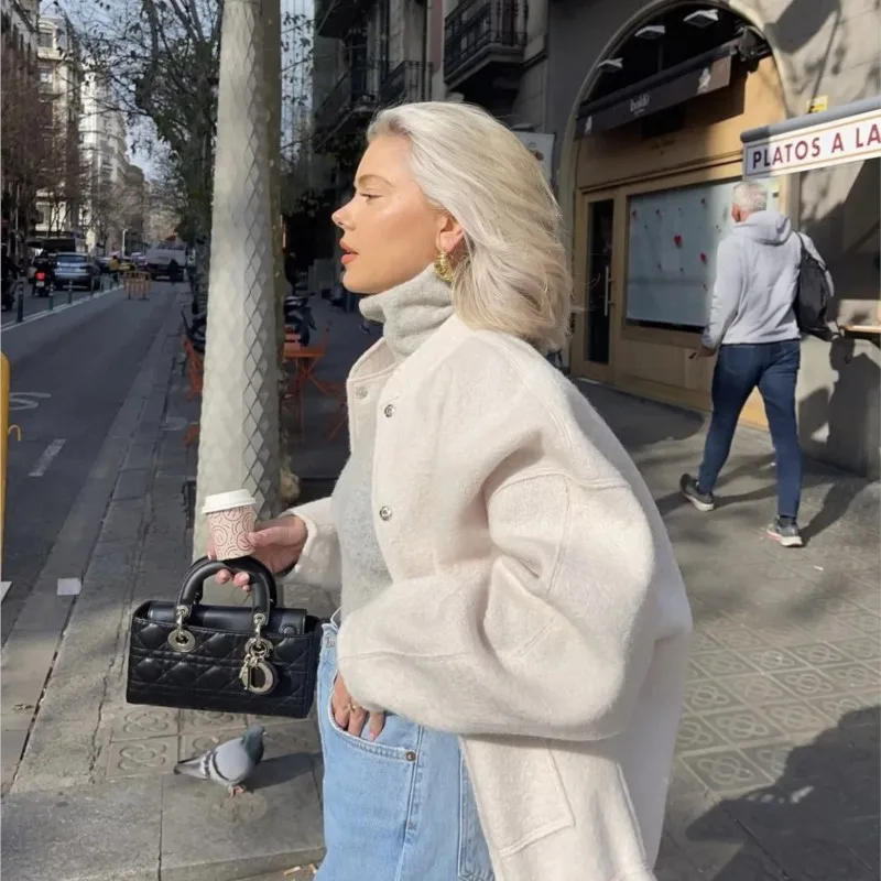 Elegant Solid Covered Button Tweed Coat Loose Long Sleeve Pocket Bomber Jacket Autumn Winter Female Casual Streetwear Chic Tops