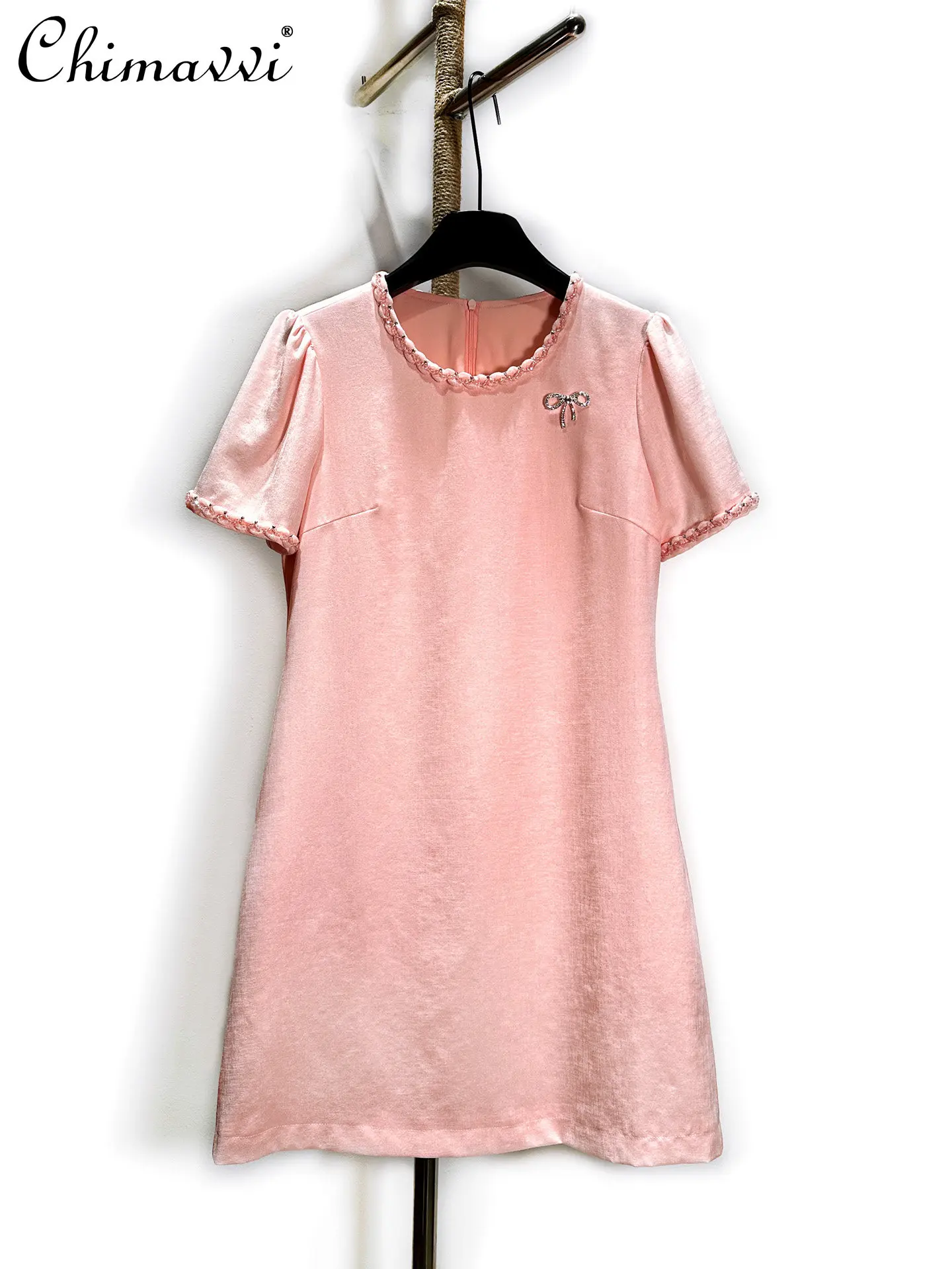 

Elegant High-end Pink Short-sleeve Loose-waist Mini Dress New Summer 2026 Fashion Slim-fit Elegant Party Women's Dresses