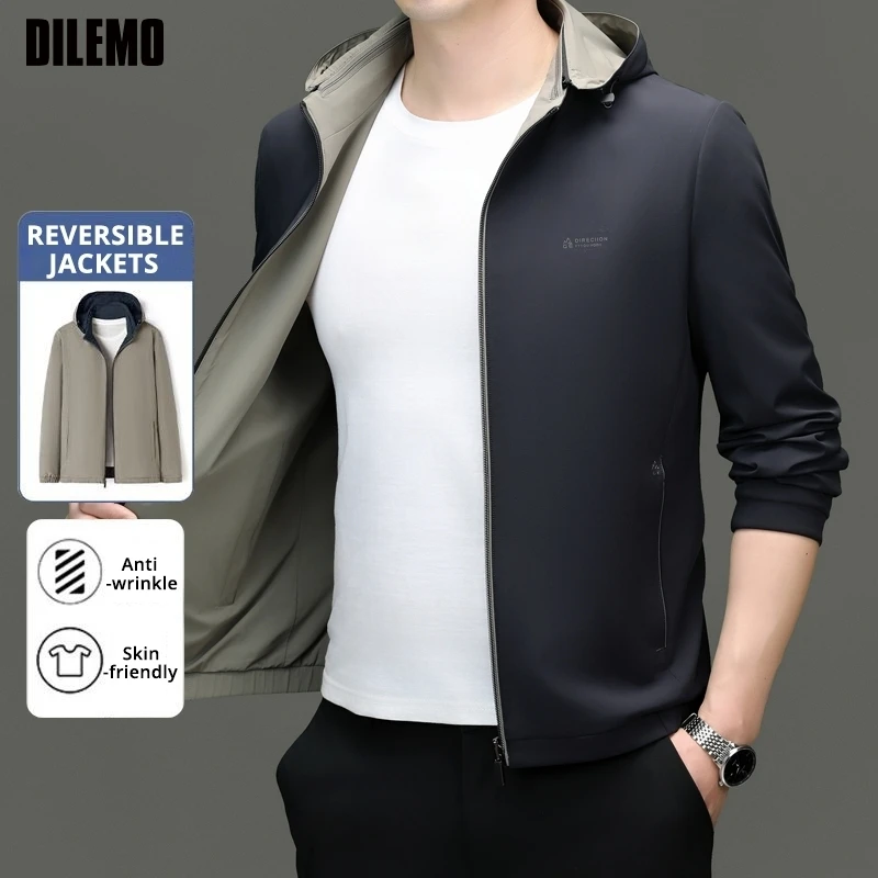 

High End Reversible New Brand Business Casual Fashion Zipper Men Windbreaker Outdoor Jacket Hooded Detachable Cap Autumn Coats