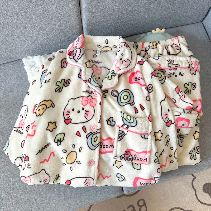 2Pcs Coral Velvet Cartoon Pajamas Suit Anime Hello Kitty Women Winter Warm Homewear Thickened Long Sleeves Pants Lounge Clothes