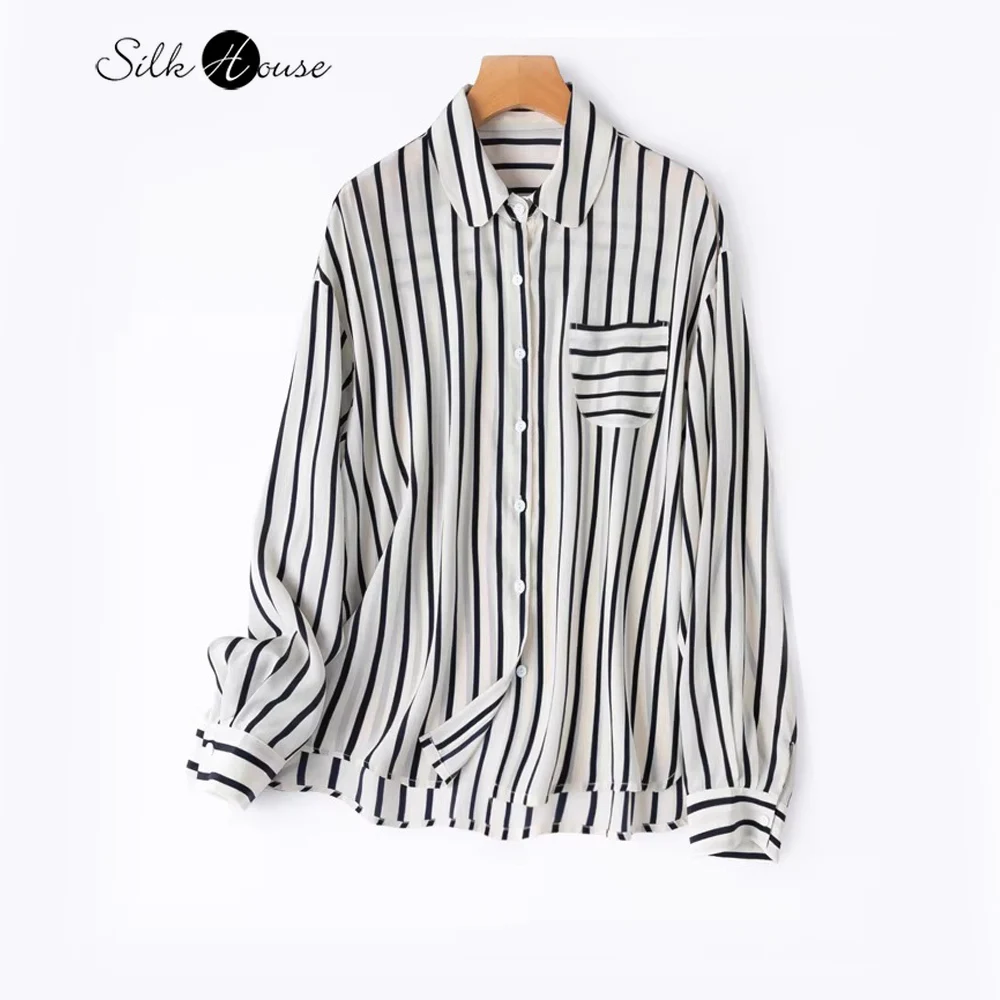 

2026 Women's Fashion Spring New 100% Natural Mulberry Silk 04 Crepe De Chine Lapel Long Sleeve Loose Vertical Stripe Shirt