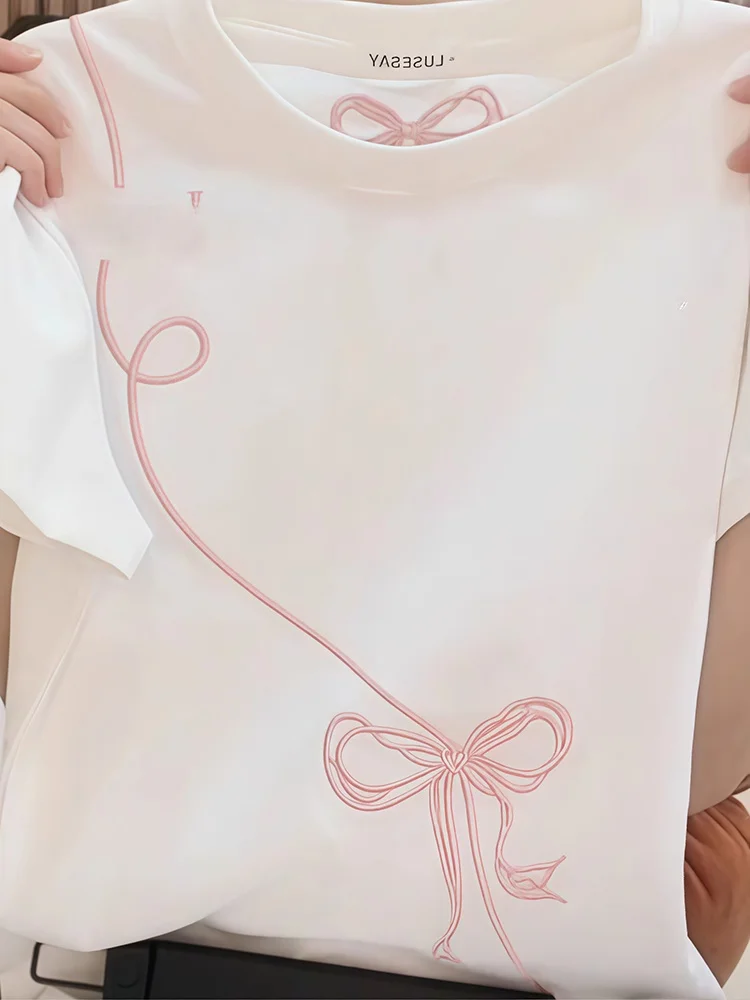 Korean Style White  Knot Print Short Sleeve T-Shirt Women's Loose Summer New round Neck Top Skin-friendly Breathable