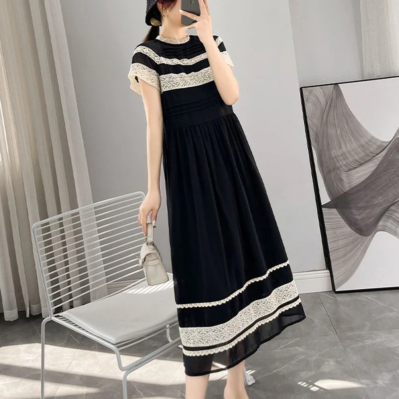 Summer New Lace Patchwork Loose Casual Robe Femme Short Sleeve Elegant Fashion A-line Vestidos Women Vintage Vestidos De Fiesta