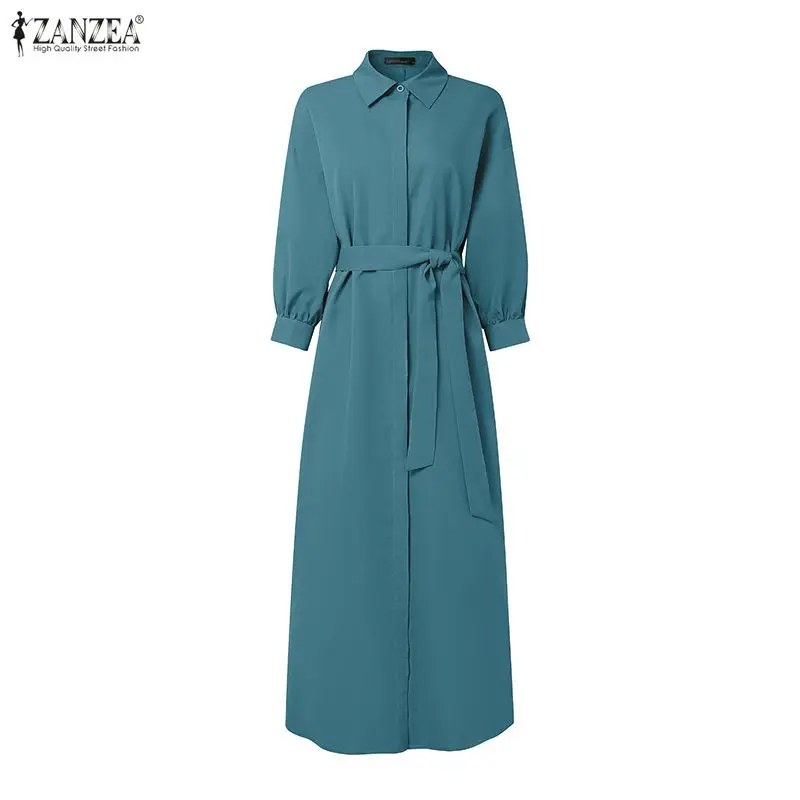 Mulheres maxi vestidos zanzea moda camisa longa vestido elegante festa vestido de verão 2026 primavera casual botões sólidos com cinto solto robe