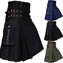 Mens Kilt Utility Scottish Traditional Highland Solid Pleated Buckle Straps Costume Kilts with Cargo Pockets